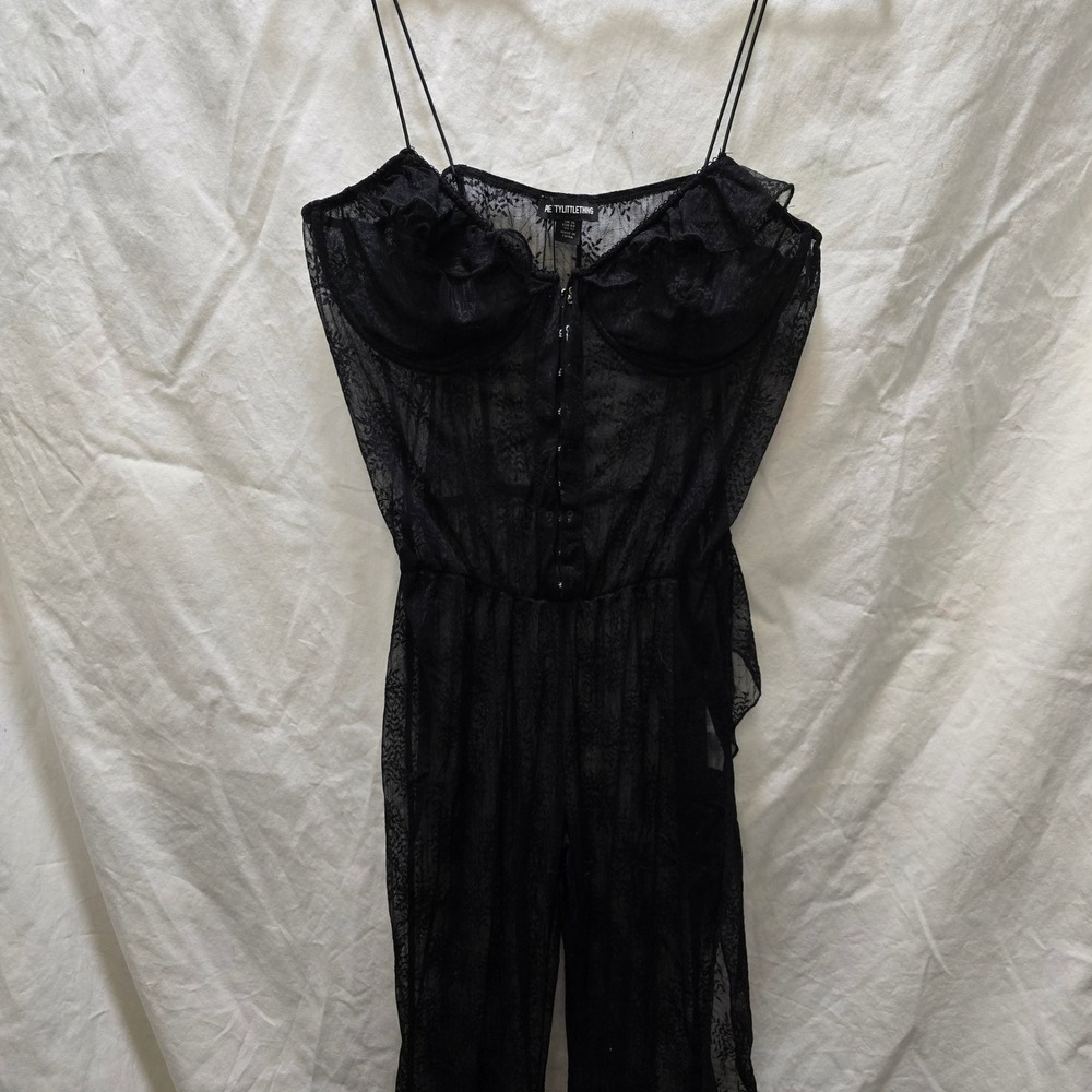 NWT PrettyLittleThing Black Lace Corset‎ Detail Ruffle Jumpsuit US 12 Sexy